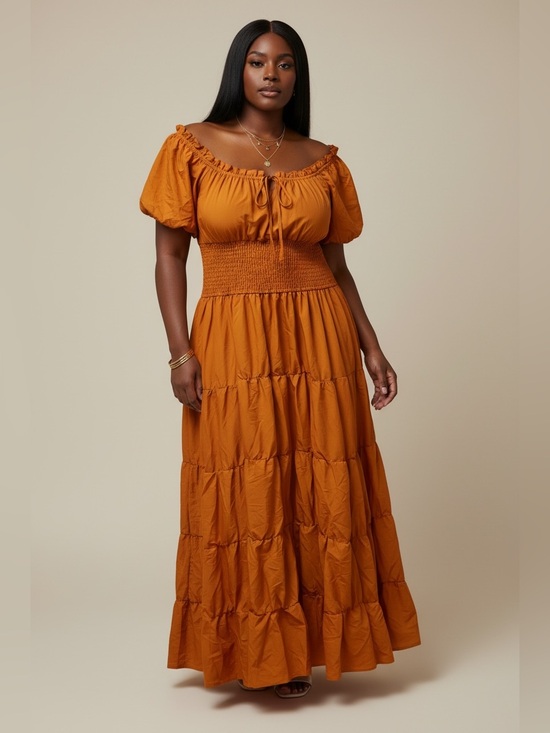 Dresses & Skirts - Smocked Waist Tiered Maxi Dress - Burnt Orange